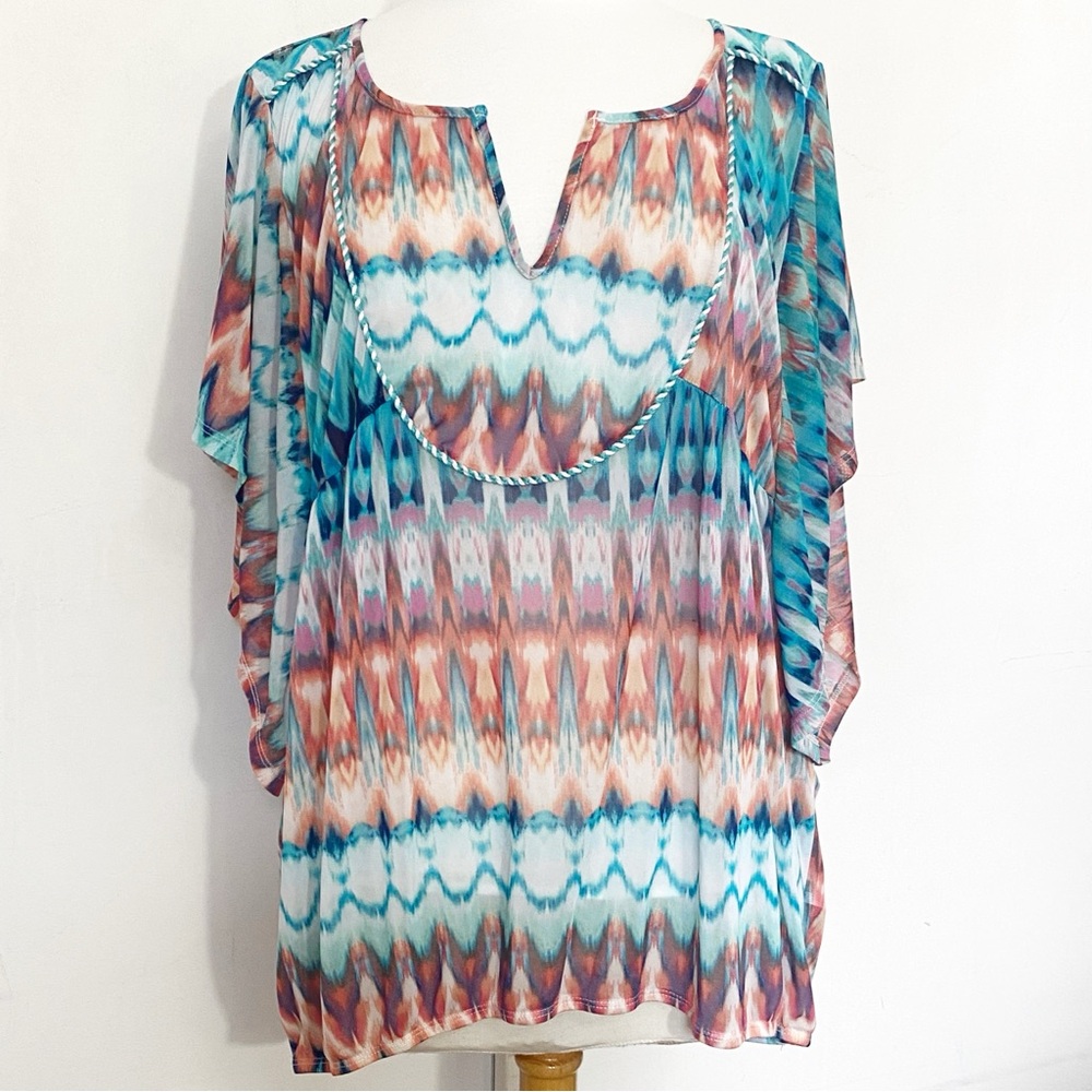 Maurice’s Boho Coastal Sheer Colorful Watercolor Print Caftan Style Blouse 2X